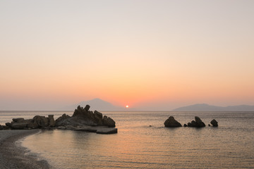 beautiful Kerame beach at sunset on wild Ikaria island, North Aegean Islands, Greece