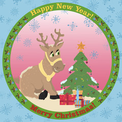 illustration of a Christmas deer sitting among gifts next to a Christmas tree on a flat Christmas style sticker in a circle