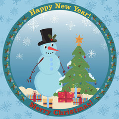 illustration of a snowman standing among gifts next to a Christmas tree on a flat Christmas style sticker in a circle