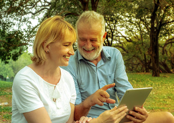 Happy Senior couple sitting on the green grass together and enjoying using laptop for online entertainment in the park, Happy life and relaxing time concept.