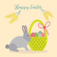 Happy Easter greeting card with eggs, basket and rabbit.