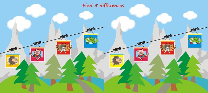 Board game for children, find five differences, animals take a cable car to the mountains, funny vector illustration	