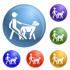Blind man dog pet icons set vector 6 color isolated on white background