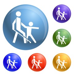 Kid guide blind man icons set vector 6 color isolated on white background