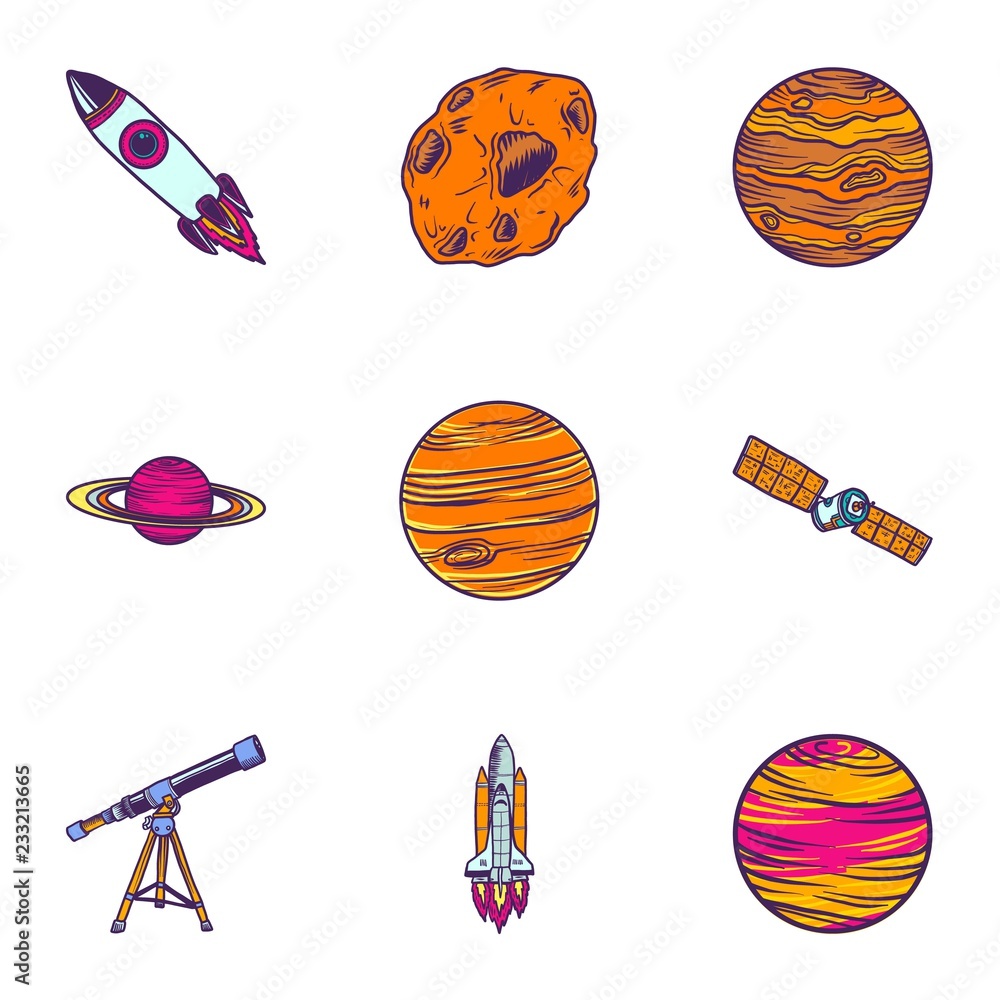 Poster space icon set. hand drawn set of 9 space vector icons for web design isolated on white background