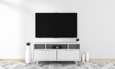 Smart Tv Mockup with blank black screen hanging on the cabinet decor, modern living room zen style....