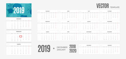 Wall Monthly Calendar 2019 year. Vector colorful template