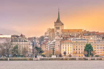 Geneva skyline in Switzerland at twilight