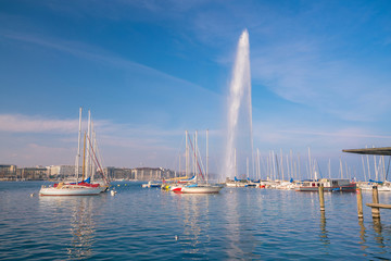Beautiful view of the water jet fountain in the lake of Geneva