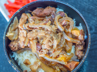 Closeup and top view of Gyudon, japanese beef bowl with rice.
