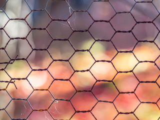 Abstract closeup of hexagonal steel mesh pattern with blurry colorful background.