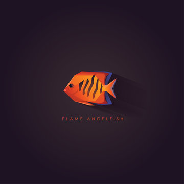 Flame Angelfish, bright orange-red tropical fish logo icon in polygonal geometric style