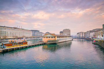 Geneva skyline in Switzerland at twilight