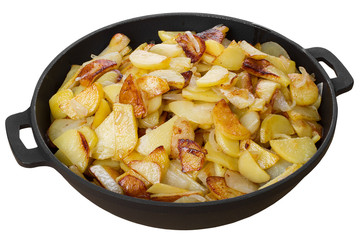 homemade fried potatoes in a pan isolated on white