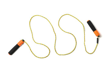 Jump rope on white background, top view
