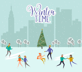 Merry Christmas and Happy New Year template with people ice skating, winter city scene. Editable Vector Illustration
