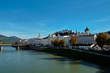 Fototapeta premium Panoramic view over city Salzburg at summer morning, Salzburg, Austria