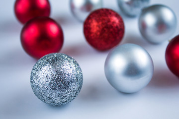 Christmas toys for the Christmas tree on a white background close-up. perspective. New Year's composition