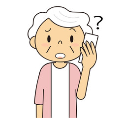 二頭身　シニア　女性　電話するおばあちゃん　困る　耳が聞こえにくい