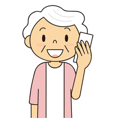 二頭身　シニア　女性　電話するおばあちゃん　笑顔
