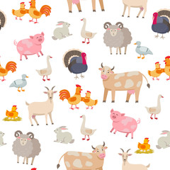 Cheerful cute farm animals seamless pattern. Domestic animals cartoon characters isolated on white background in flat design. Packaging design element, set of vector illustrations.