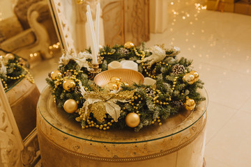 christmas room interior design xmas wall decorated by lights resents gifts toys copy space holiday...