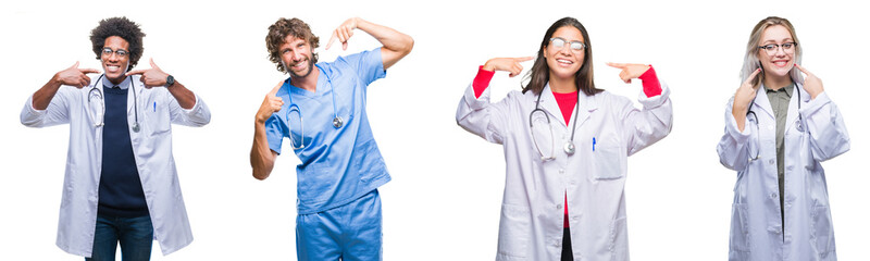Collage of group of doctor, nurse, surgeon people over isolated background smiling confident showing and pointing with fingers teeth and mouth. Health concept.