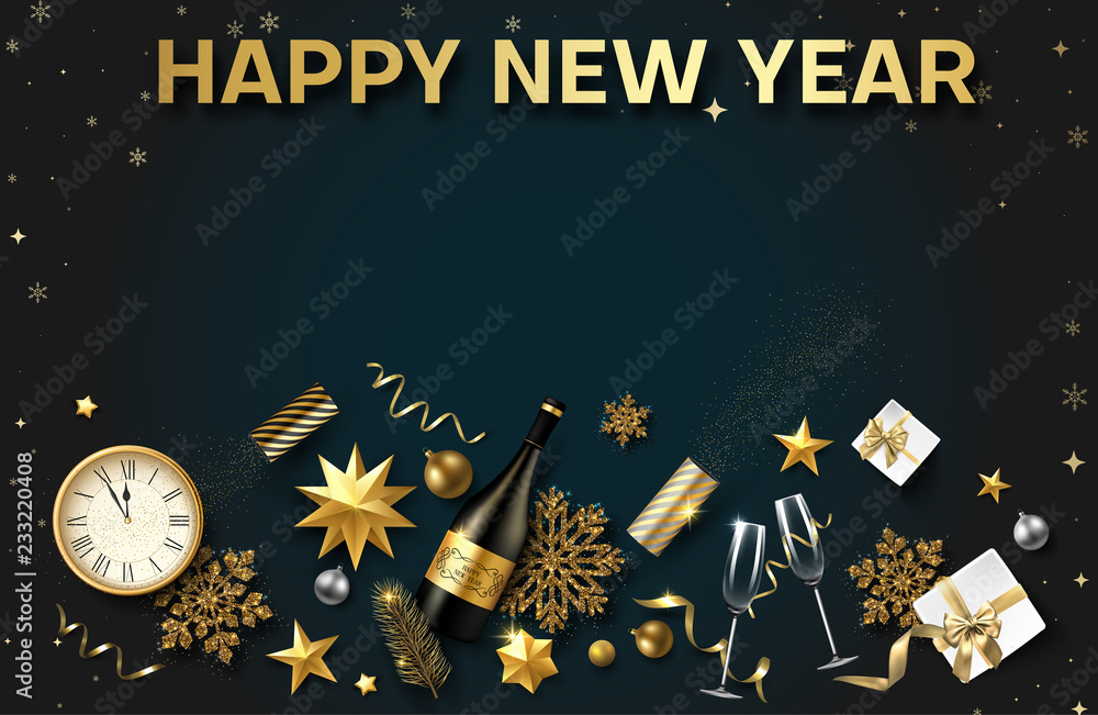 Wall mural happy new year card with christmas decorations, gifts, champagne and clock.