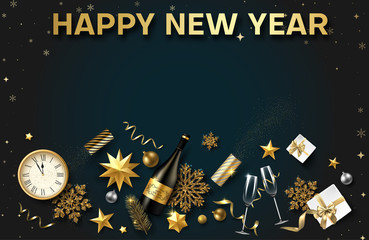 Happy New Year card with Christmas decorations, gifts, Champagne and clock.