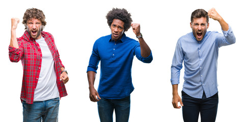 Collage of group of african american and hispanic men over isolated background angry and mad raising fist frustrated and furious while shouting with anger. Rage and aggressive concept.