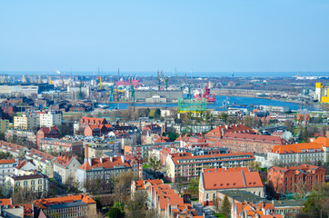 Fototapeta na wymiar Aerial top view of Gdansk city from Basilica St Marys church, Poland