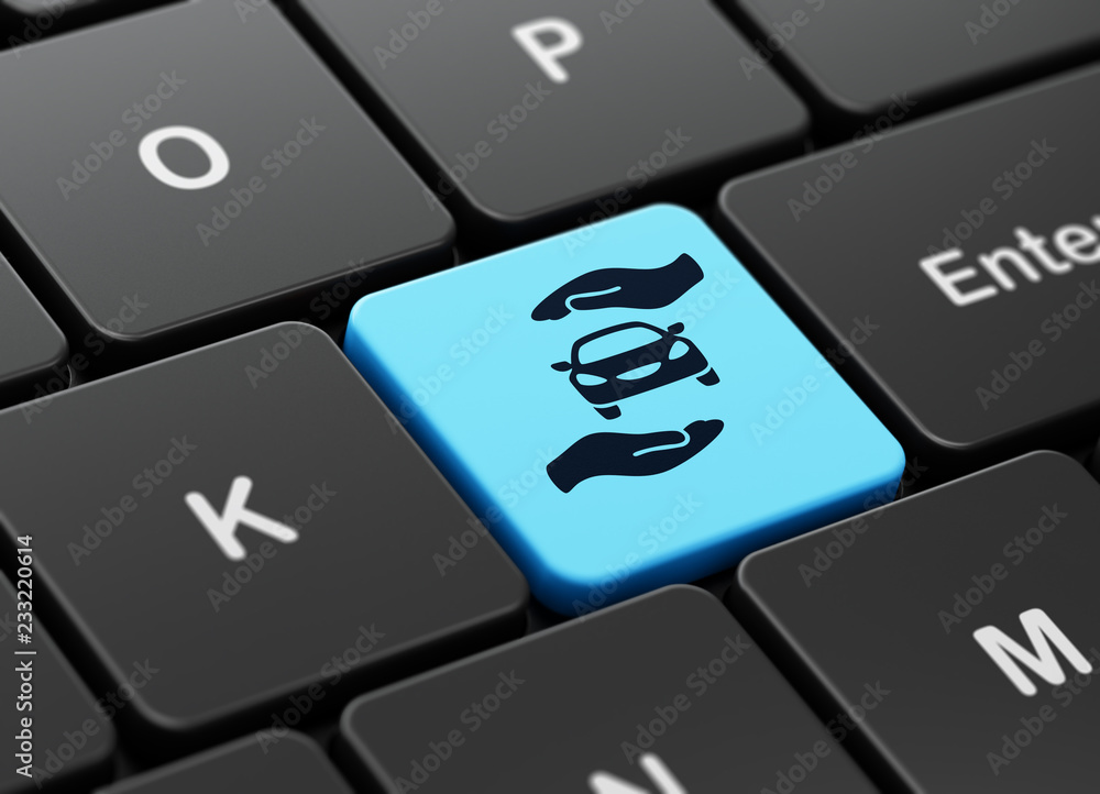 Aufkleber insurance concept: computer keyboard with car and palm icon on enter button background, 3d rendering