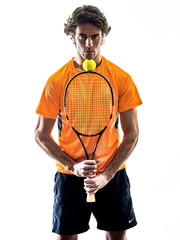 one caucasian hispanic tennis player man in studio silhouette isolated on white background