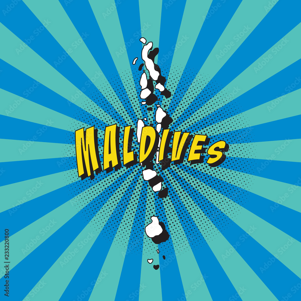 Poster map of maldives in retro pop art style with radial lines and halftone dots. vector illustration easy