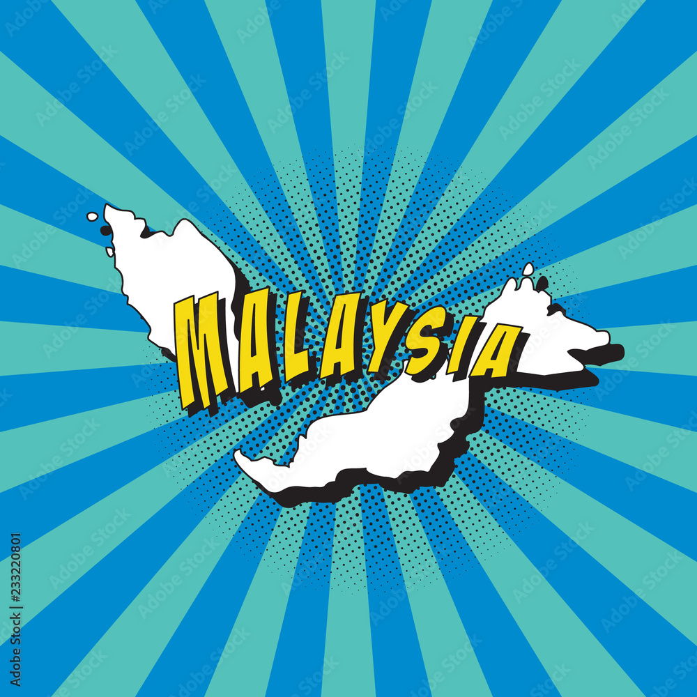 Poster map of malaysia in retro pop art style with radial lines and halftone dots. vector illustration easy