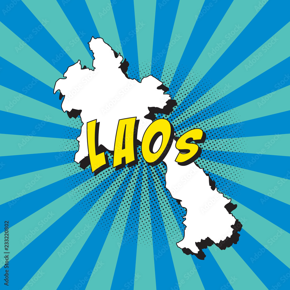 Poster map of laos in retro pop art style with radial lines and halftone dots. vector illustration easy to 