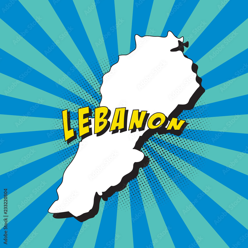 Poster map of lebanon in retro pop art style with radial lines and halftone dots. vector illustration easy 