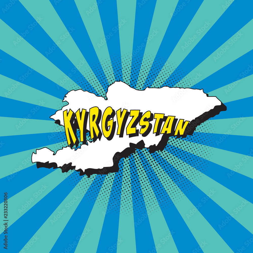Poster map of kyrgyzstan in retro pop art style with radial lines and halftone dots. vector illustration ea