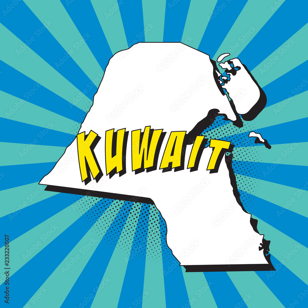 Poster map of kuwait in retro pop art style with radial lines and halftone dots. vector illustration easy t