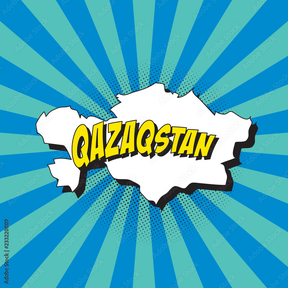 Poster map of kazakhstan in retro pop art style with radial lines and halftone dots. vector illustration ea