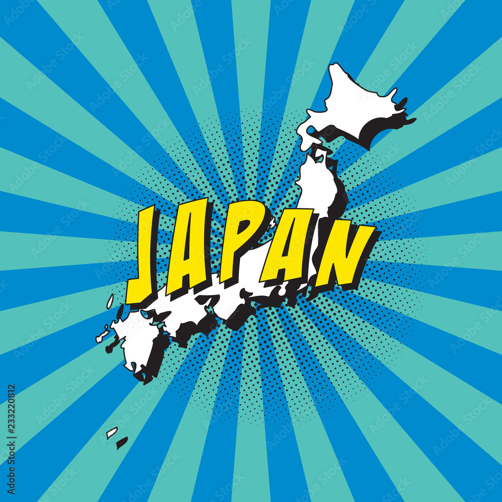 Poster map of japan in retro pop art style with radial lines and halftone dots. vector illustration easy to