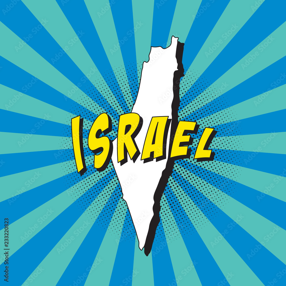 Poster map of israel in retro pop art style with radial lines and halftone dots. vector illustration easy t