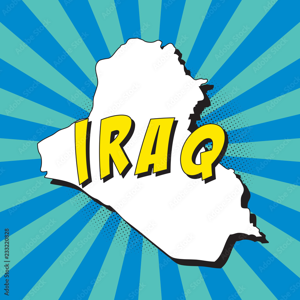 Poster map of iraq in retro pop art style with radial lines and halftone dots. vector illustration easy to 