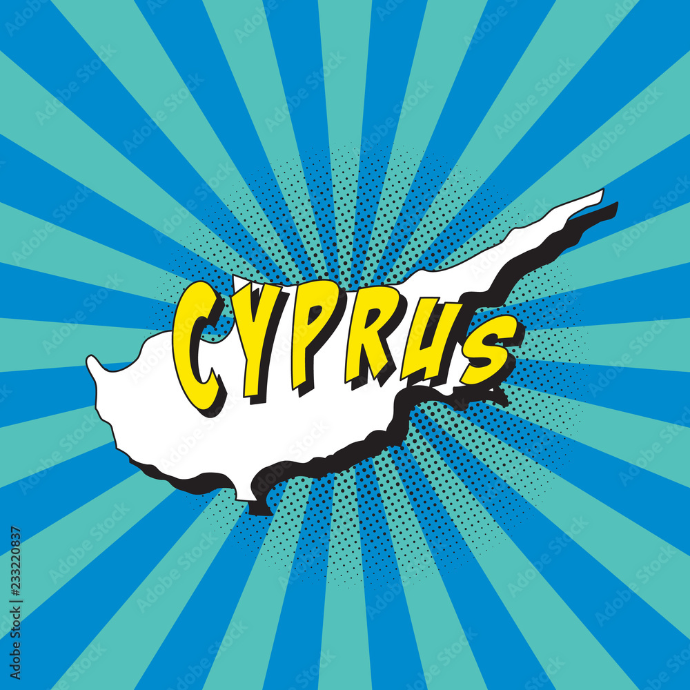 Poster map of cyprus in retro pop art style with radial lines and halftone dots. vector illustration easy t