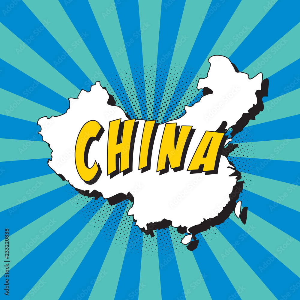 Poster map of china in retro pop art style with radial lines and halftone dots. vector illustration easy to