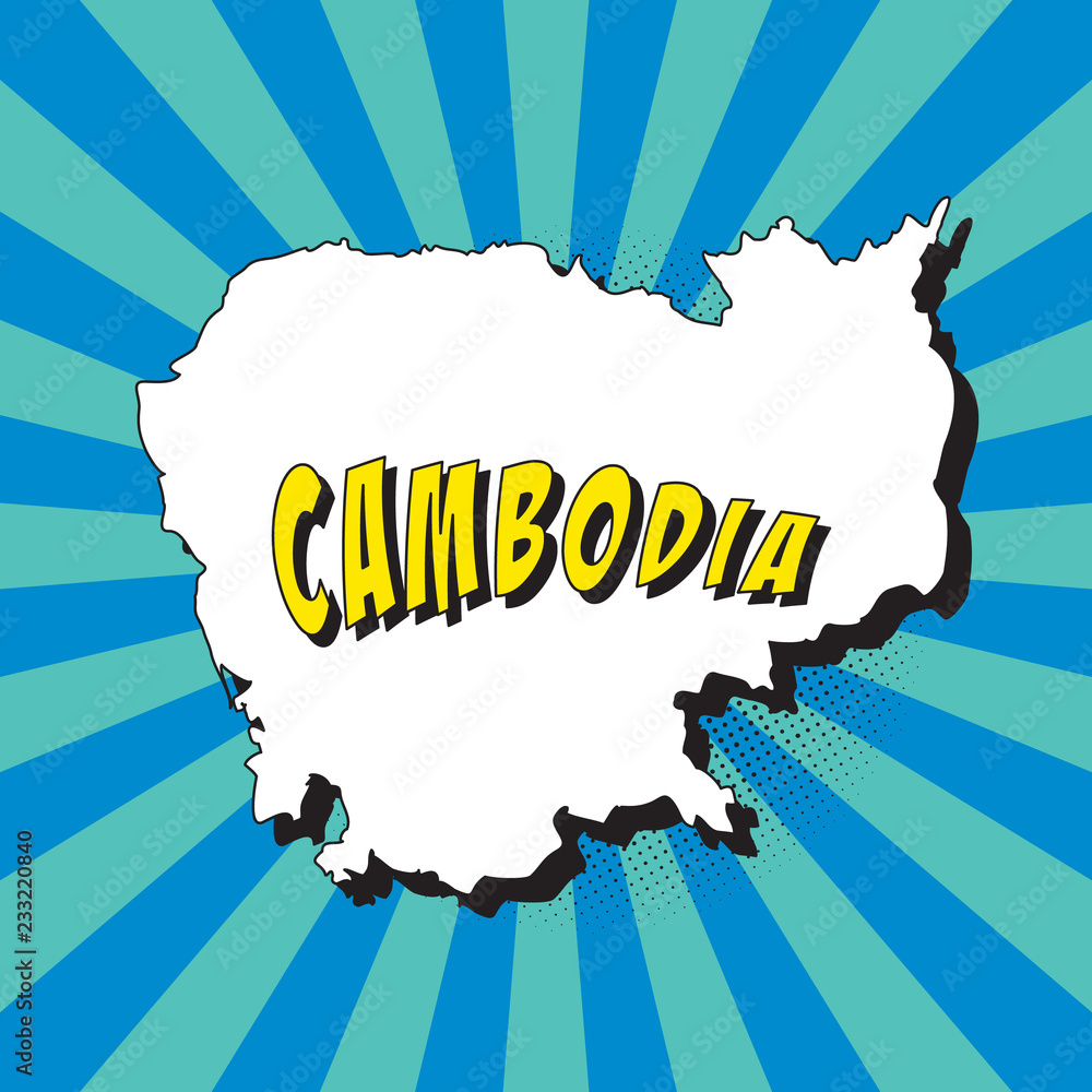 Poster map of cambodia in retro pop art style with radial lines and halftone dots. vector illustration easy