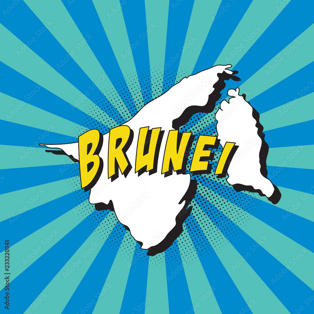 Poster map of brunei in retro pop art style with radial lines and halftone dots. vector illustration easy t