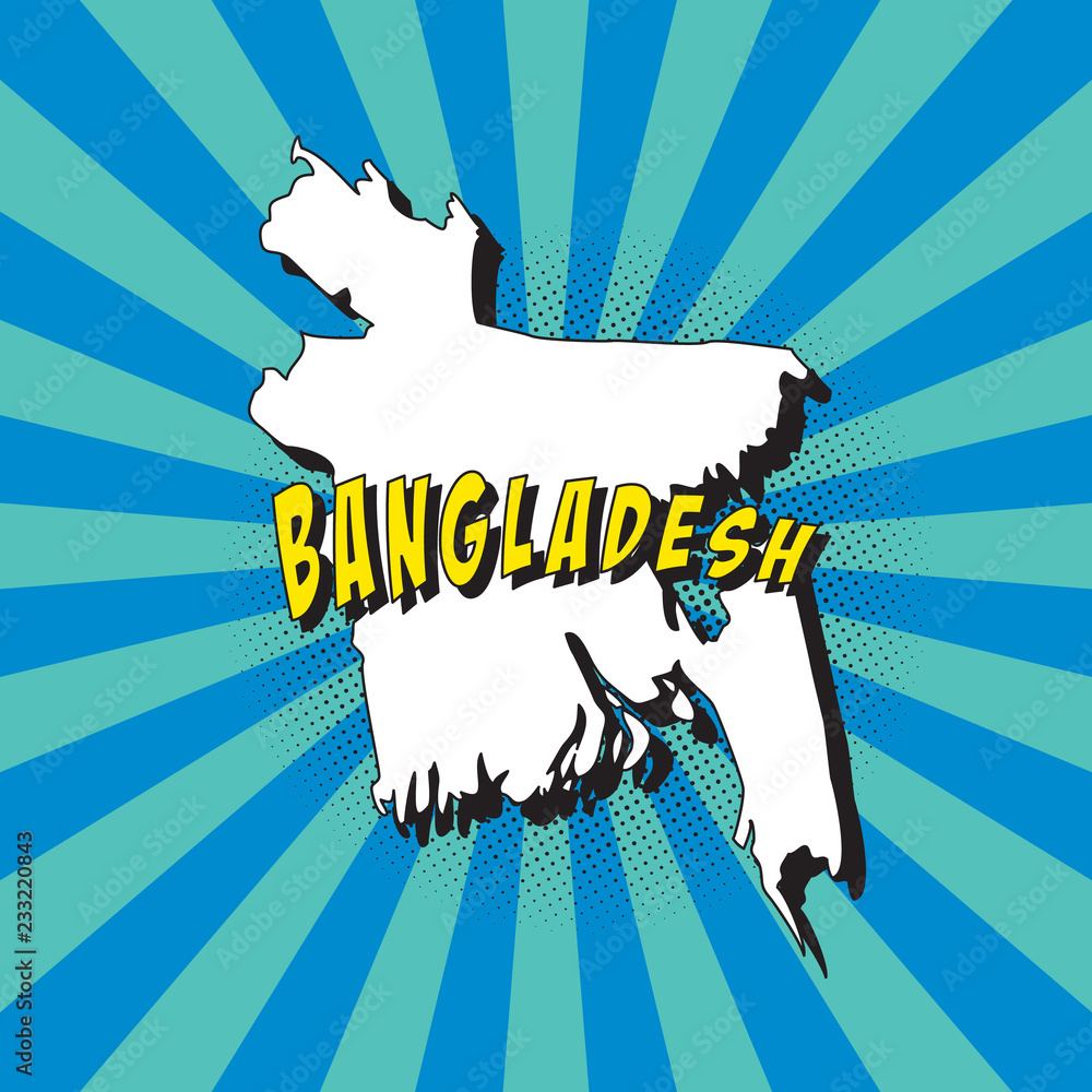Poster map of bangladesh in retro pop art style with radial lines and halftone dots. vector illustration ea