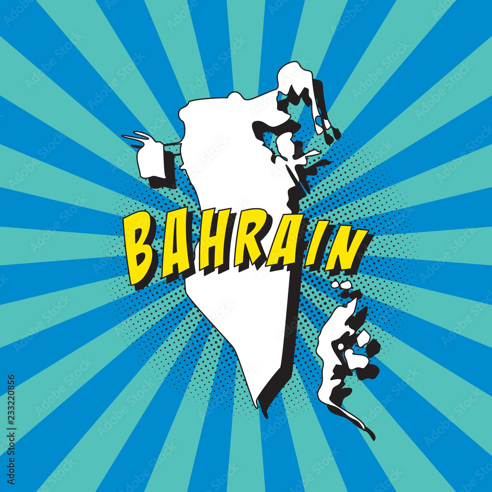 Poster map of bahrain in retro pop art style with radial lines and halftone dots. vector illustration easy 