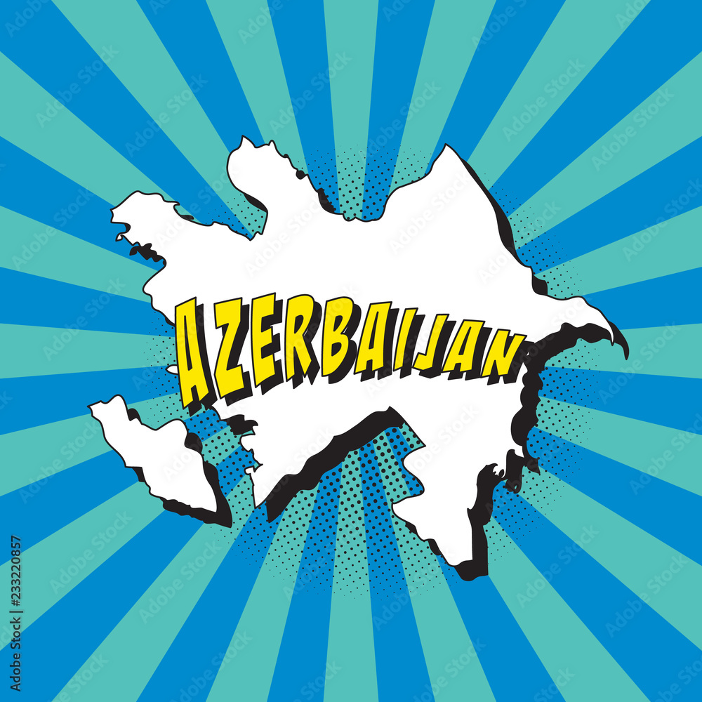 Poster map of azerbaijan in retro pop art style with radial lines and halftone dots. vector illustration ea